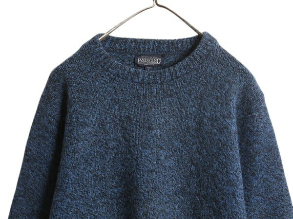 90s USA製 ランズエンド ウール ニット セーター メンズ L 小さめ M 程/ 古着 オールド LANDS END クルーネック 無地 ミドルゲージ 杢 青