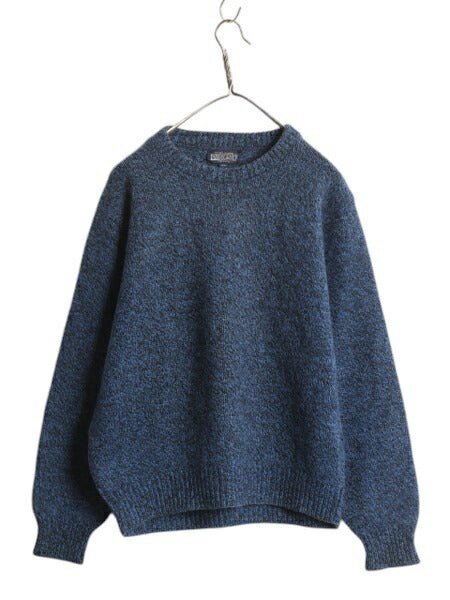 90s USA製 ランズエンド ウール ニット セーター メンズ L 小さめ M 程/ 古着 オールド LANDS END クルーネック 無地 ミドルゲージ 杢 青