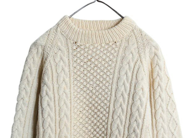 60s 手編み カナダ製 フィッシャーマン ウール ハンド ニット セーター メンズ S レディース M / ヴィンテージ アラン ケーブル ナチュラル