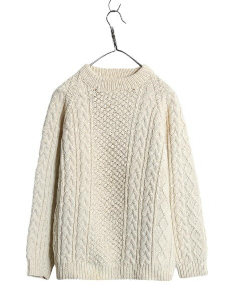 60s 手編み カナダ製 フィッシャーマン ウール ハンド ニット セーター メンズ S レディース M / ヴィンテージ アラン ケーブル ナチュラル