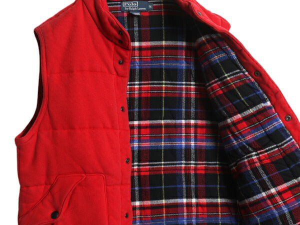 90s ポロ ラルフローレン 中綿 スウェット ベスト メンズ M 古着 オールド トレーナー フランネル チェック ライナー付き スエット 重ね着