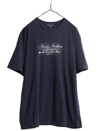 ブルックスブラザーズ プリント 半袖 Tシャツ メンズ L 程/ 古着 Brooks Brothers ロゴT コットン シングルステッチ クルーネック ネイビー