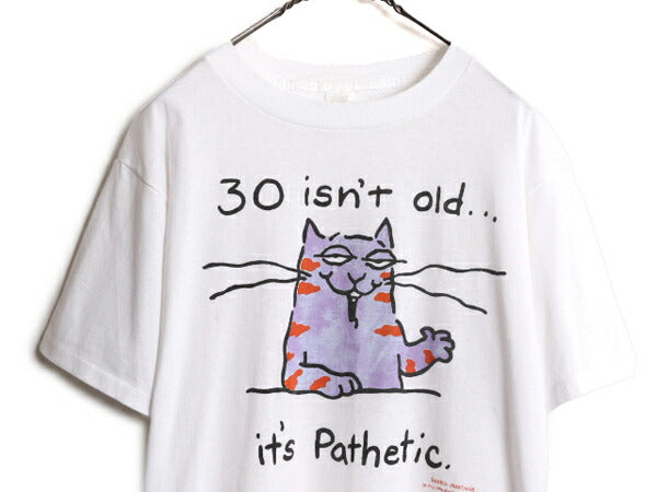80s USA製 ネコ キャラクター イラスト メッセージ プリント 半袖 Tシャツ メンズ L 古着 80年代 ヴィンテージ シングルステッチ 白Tシャツ