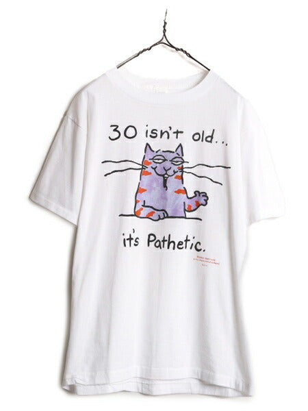 80s USA製 ネコ キャラクター イラスト メッセージ プリント 半袖 Tシャツ メンズ L 古着 80年代 ヴィンテージ シングルステッチ 白Tシャツ