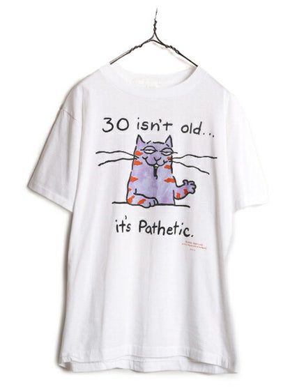 80s USA製 ネコ キャラクター イラスト メッセージ プリント 半袖 Tシャツ メンズ L 古着 80年代 ヴィンテージ シングルステッチ 白Tシャツ