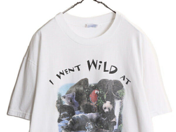 90s アニマル イラスト プリント 半袖 Tシャツ メンズ L 古着 90年代 オールド 動物 アート フォト アニマル 白 ヘビーウェイト ホワイト