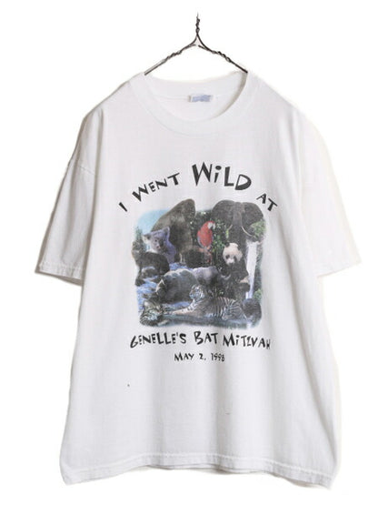 90s アニマル イラスト プリント 半袖 Tシャツ メンズ L 古着 90年代 オールド 動物 アート フォト アニマル 白 ヘビーウェイト ホワイト