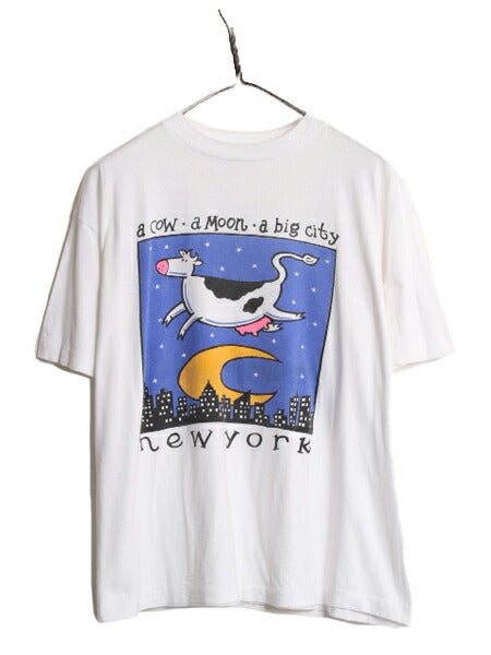 90s ウシ アート イラスト プリント 半袖 Tシャツ メンズ L / 90年代 オールド 動物 キャラクター シングルステッチ アニマル グラフィック