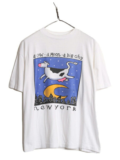 90s ウシ アート イラスト プリント 半袖 Tシャツ メンズ L / 90年代 オールド 動物 キャラクター シングルステッチ アニマル グラフィック