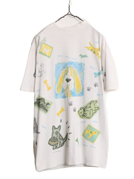 90s USA製 rel e vant products ドッグ イラスト プリント Tシャツ メンズ レディース L / 古着 90年代 オールド アニマル 犬 アート 総柄