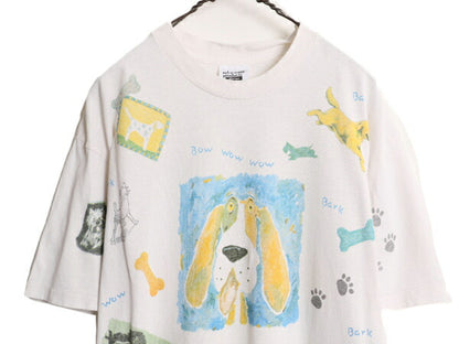 90s USA製 rel e vant products ドッグ イラスト プリント Tシャツ メンズ レディース L / 古着 90年代 オールド アニマル 犬 アート 総柄