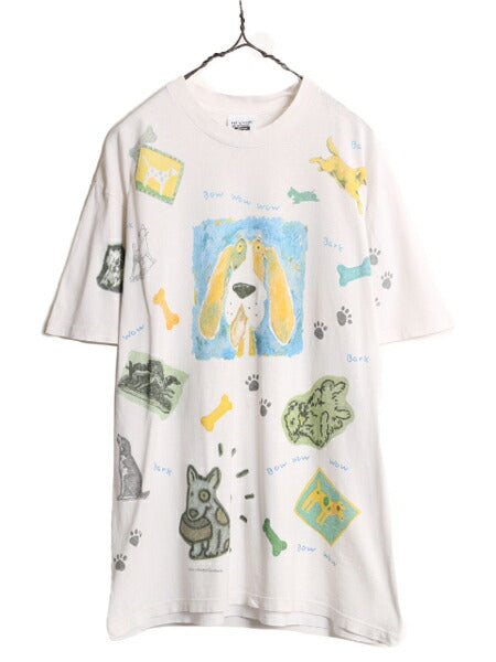 90s USA製 rel e vant products ドッグ イラスト プリント Tシャツ メンズ レディース L / 古着 90年代 オールド アニマル 犬 アート 総柄