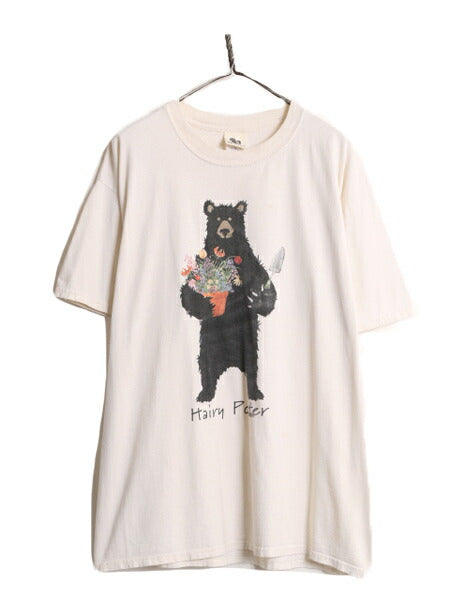 00s クマ アート イラスト プリント 半袖 Tシャツ メンズ XL / 00年代 オールド 大きいサイズ グラフィック ヘビーウェイト キャラクター
