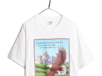 90s USA製 イーグル アート イラスト プリント 半袖 Tシャツ メンズ XL / オールド 大きいサイズ グラフィック ヘビーウェイト メッセージ