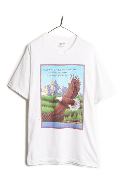 90s USA製 イーグル アート イラスト プリント 半袖 Tシャツ メンズ XL / オールド 大きいサイズ グラフィック ヘビーウェイト メッセージ