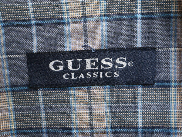 90s ゲス チェック ループ留め オープンカラー 半袖 シャツ メンズ XL 程/ オールド GUESS リネン 半袖シャツ 開襟 大きいサイズ ボックス