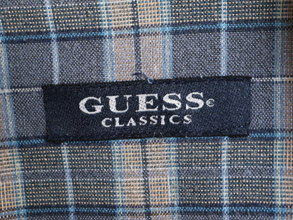 90s ゲス チェック ループ留め オープンカラー 半袖 シャツ メンズ XL 程/ オールド GUESS リネン 半袖シャツ 開襟 大きいサイズ ボックス