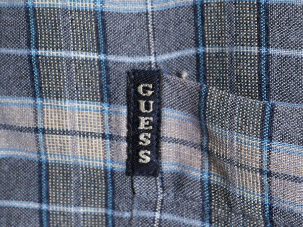90s ゲス チェック ループ留め オープンカラー 半袖 シャツ メンズ XL 程/ オールド GUESS リネン 半袖シャツ 開襟 大きいサイズ ボックス