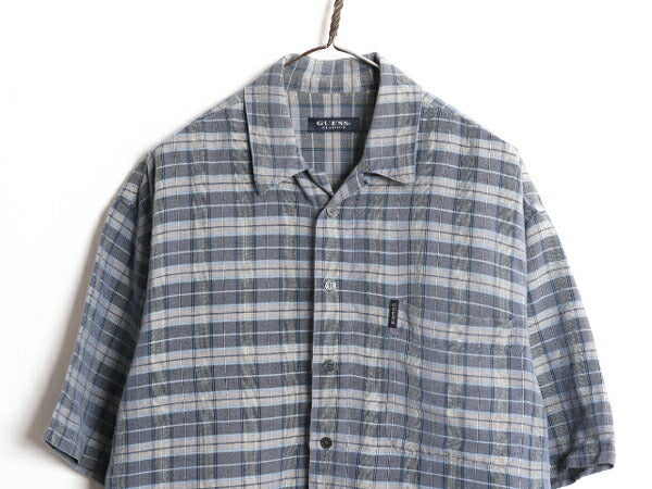 90s ゲス チェック ループ留め オープンカラー 半袖 シャツ メンズ XL 程/ オールド GUESS リネン 半袖シャツ 開襟 大きいサイズ ボックス
