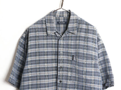 90s ゲス チェック ループ留め オープンカラー 半袖 シャツ メンズ XL 程/ オールド GUESS リネン 半袖シャツ 開襟 大きいサイズ ボックス
