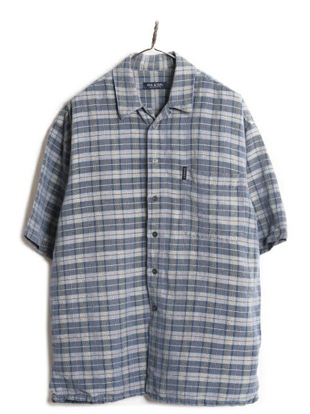 90s ゲス チェック ループ留め オープンカラー 半袖 シャツ メンズ XL 程/ オールド GUESS リネン 半袖シャツ 開襟 大きいサイズ ボックス