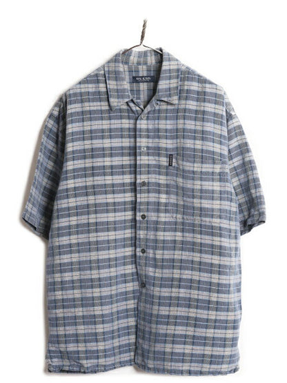 90s ゲス チェック ループ留め オープンカラー 半袖 シャツ メンズ XL 程/ オールド GUESS リネン 半袖シャツ 開襟 大きいサイズ ボックス