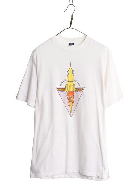 90s USA製 ランズエンド アート イラスト プリント 半袖 Tシャツ メンズ M 古着 90年代 LANDS END グラフィック シングルステッチ ホワイト