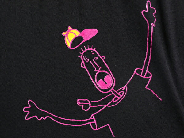 90s キャラクター メッセージ イラスト プリント 半袖 Tシャツ メンズ L / 古着 オールド ブラック シングルステッチ アート グラフィック