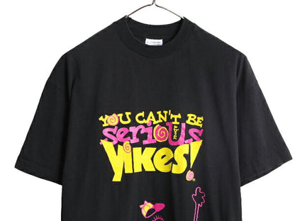 90s キャラクター メッセージ イラスト プリント 半袖 Tシャツ メンズ L / 古着 オールド ブラック シングルステッチ アート グラフィック