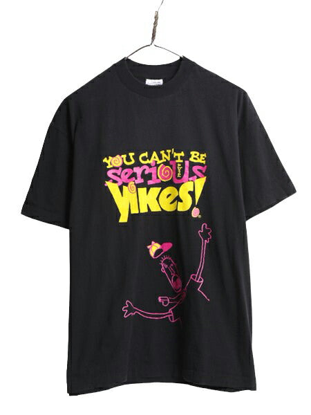 90s キャラクター メッセージ イラスト プリント 半袖 Tシャツ メンズ L / 古着 オールド ブラック シングルステッチ アート グラフィック