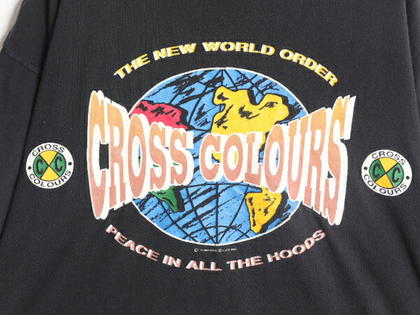 90s USA製 クロスカラーズ メッセージ プリント 半袖 Tシャツ メンズ XL 程 CROSS COLOURS 黒 イラスト シングルステッチ ヘビーウェイト
