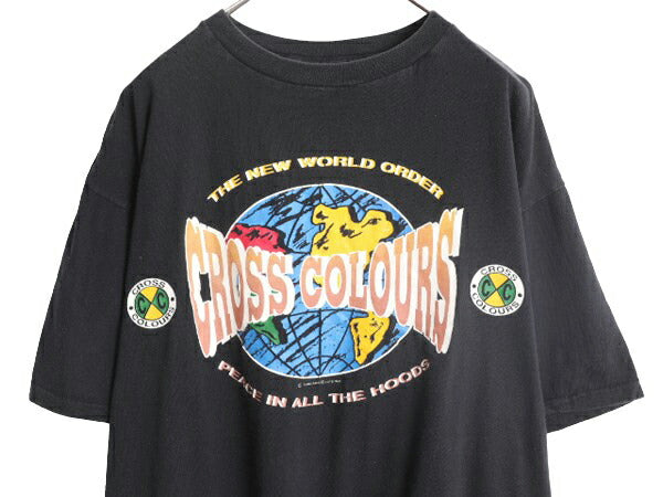 90s USA製 クロスカラーズ メッセージ プリント 半袖 Tシャツ メンズ XL 程 CROSS COLOURS 黒 イラスト シングルステッチ ヘビーウェイト