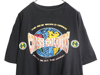 90s USA製 クロスカラーズ メッセージ プリント 半袖 Tシャツ メンズ XL 程 CROSS COLOURS 黒 イラスト シングルステッチ ヘビーウェイト