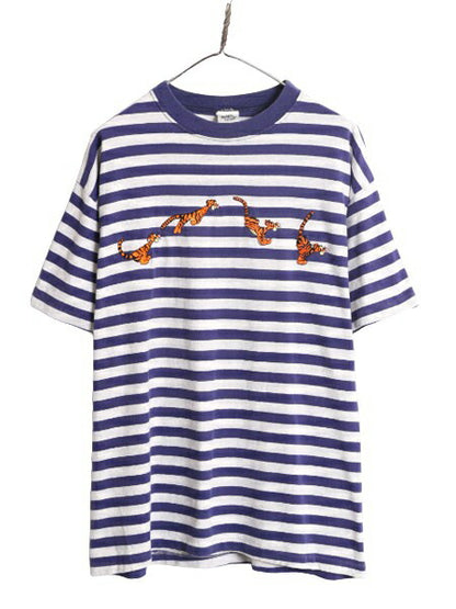 00s ディズニー オフィシャル ティガー 刺繍 ボーダー 半袖 Tシャツ メンズ XL 程 キャラクター イラスト シングルステッチ ヘビーウェイト