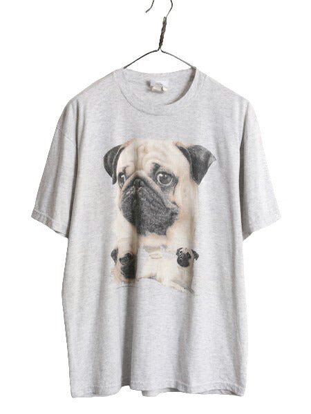 90s 00s ドッグ アート イラスト プリント Tシャツ メンズ レディース L 古着 オールド 犬 アニマル シングルステッチ グラフィック グレー