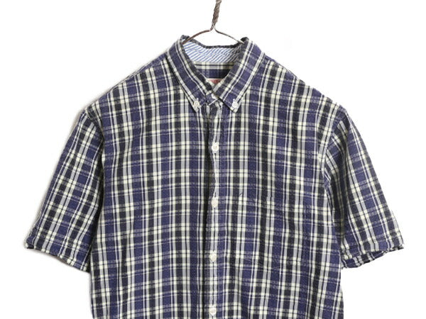 ブルックスブラザーズ シアサッカー チェック 3点留め 半袖 ボタンダウン シャツ メンズ S 古着 Brooks Brothers 半袖シャツ ポケット付き