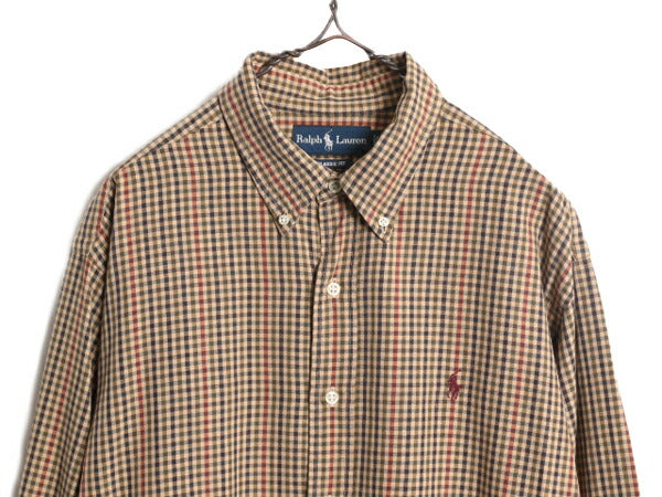 00s ラルフローレン チェック 長袖 ボタンダウン シャツ メンズ XL 00年代 オールド ポロ 長袖シャツ ワンポイント コットン 大きいサイズ