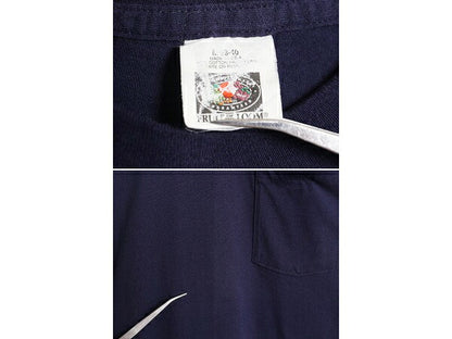 90s USA製 フルーツオブザルーム ポケット付き 無地 半袖 Tシャツ メンズ M / 90年代 オールド ポケT 無地T シングルステッチ 耳付き 耳 紺