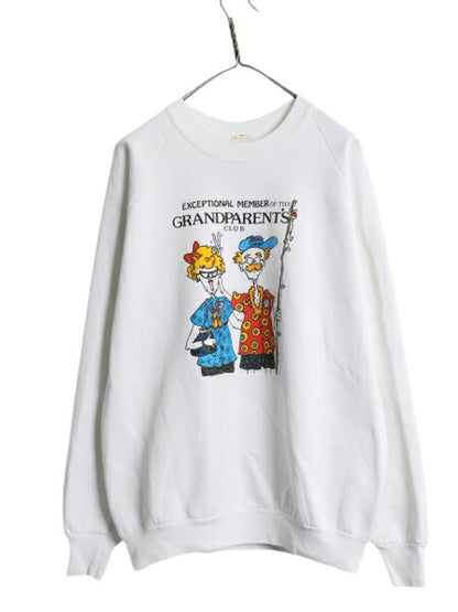 80s USA製 アート イラスト プリント スウェット メンズ XL / 古着 80年代 ヴィンテージ トレーナー 裏起毛 キャラクター 大きいサイズ 白