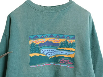 90s USA製 エルエルビーン アート イラスト プリント スウェット キッズ XXL メンズ L 程/ オールド LLBEAN トレーナー ヘビーウェイト 緑