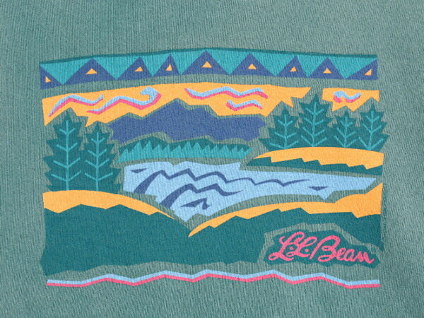 90s USA製 エルエルビーン アート イラスト プリント スウェット キッズ XXL メンズ L 程/ オールド LLBEAN トレーナー ヘビーウェイト 緑