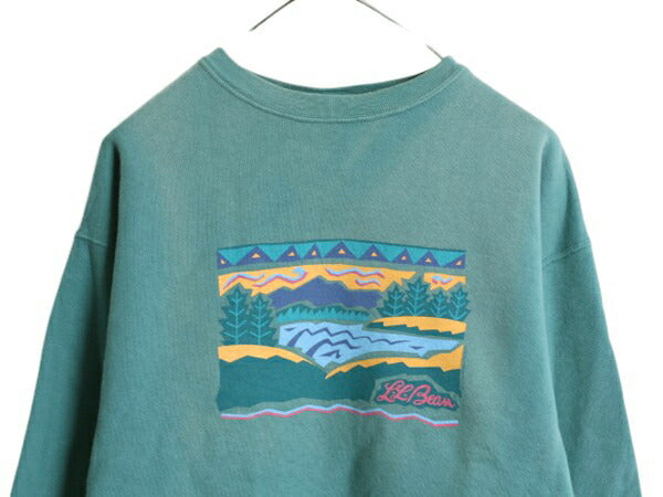 90s USA製 エルエルビーン アート イラスト プリント スウェット キッズ XXL メンズ L 程/ オールド LLBEAN トレーナー ヘビーウェイト 緑