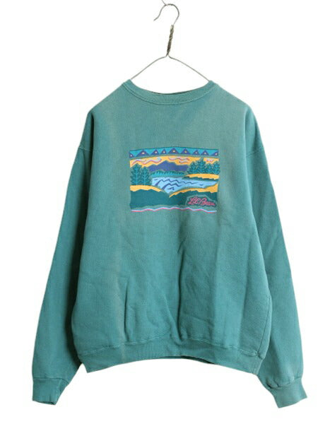 90s USA製 エルエルビーン アート イラスト プリント スウェット キッズ XXL メンズ L 程/ オールド LLBEAN トレーナー ヘビーウェイト 緑