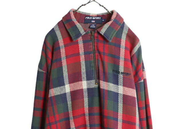 90s ポロスポーツ ラルフローレン ハーフジップ チェック ポロシャツ メンズ XL 古着 オールド スムース 素材 ヘビーウェイト 大きいサイズ