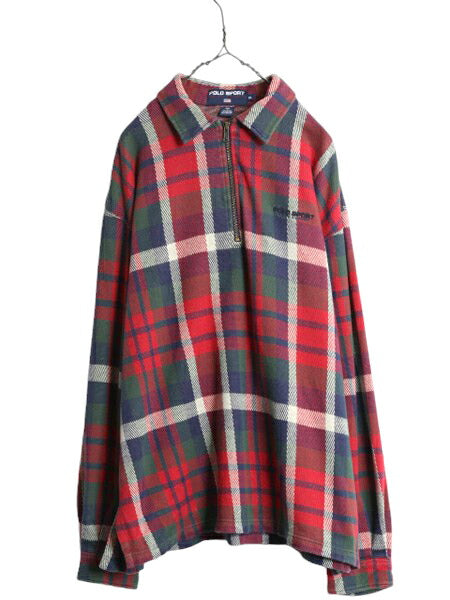 90s ポロスポーツ ラルフローレン ハーフジップ チェック ポロシャツ メンズ XL 古着 オールド スムース 素材 ヘビーウェイト 大きいサイズ
