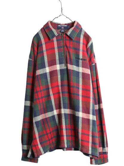 90s ポロスポーツ ラルフローレン ハーフジップ チェック ポロシャツ メンズ XL 古着 オールド スムース 素材 ヘビーウェイト 大きいサイズ