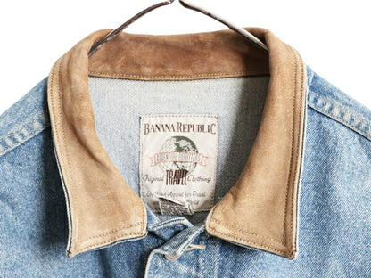 90s バナナリパブリック デニム ジャケット メンズ L / 90年代 オールド BANANA REPUBLIC ジージャン ブルゾン ジャンパー 襟 本革 レザー