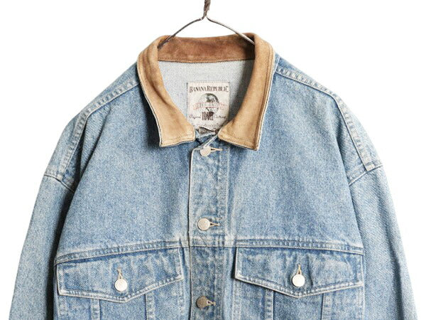 90s バナナリパブリック デニム ジャケット メンズ L / 90年代 オールド BANANA REPUBLIC ジージャン ブルゾン ジャンパー 襟 本革 レザー