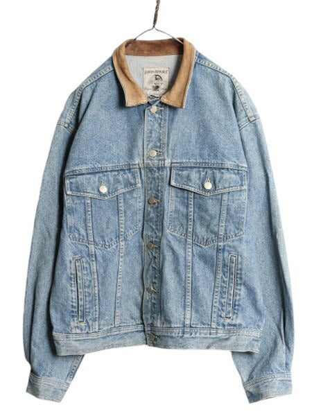 90s バナナリパブリック デニム ジャケット メンズ L / 90年代 オールド BANANA REPUBLIC ジージャン ブルゾン ジャンパー 襟 本革 レザー