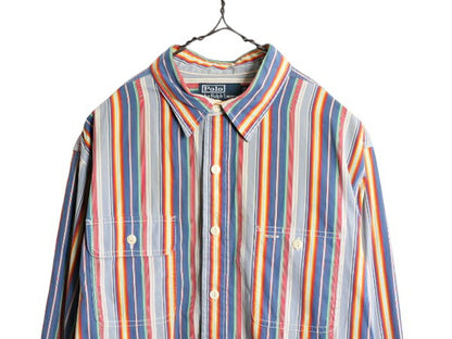 90s ポロ ラルフローレン ストライプ 長袖 シャツ メンズ XL 古着 オールド 大きいサイズ カバーオール タイプ ガチャポケ ワーク チンスト